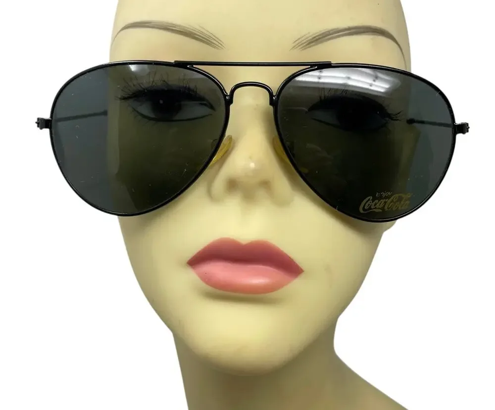 Coca-Cola Vintage Aviator Sunglasses Black Metal Frame Green Lens Coke Logo